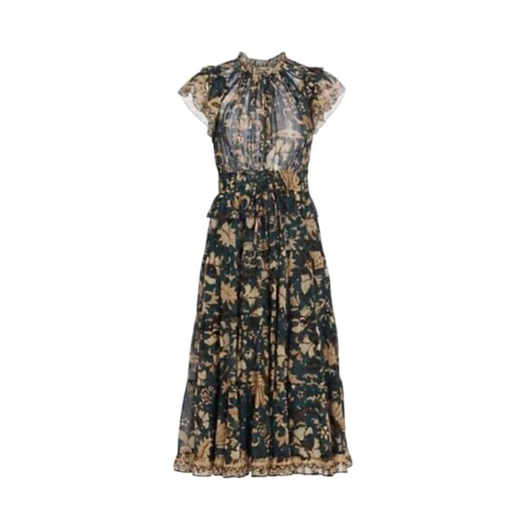 Ulla Johnson Emine Midi Dress Womens 10 Green Tan Silk Chiffon Floral Moonlight - Picture 1 of 13